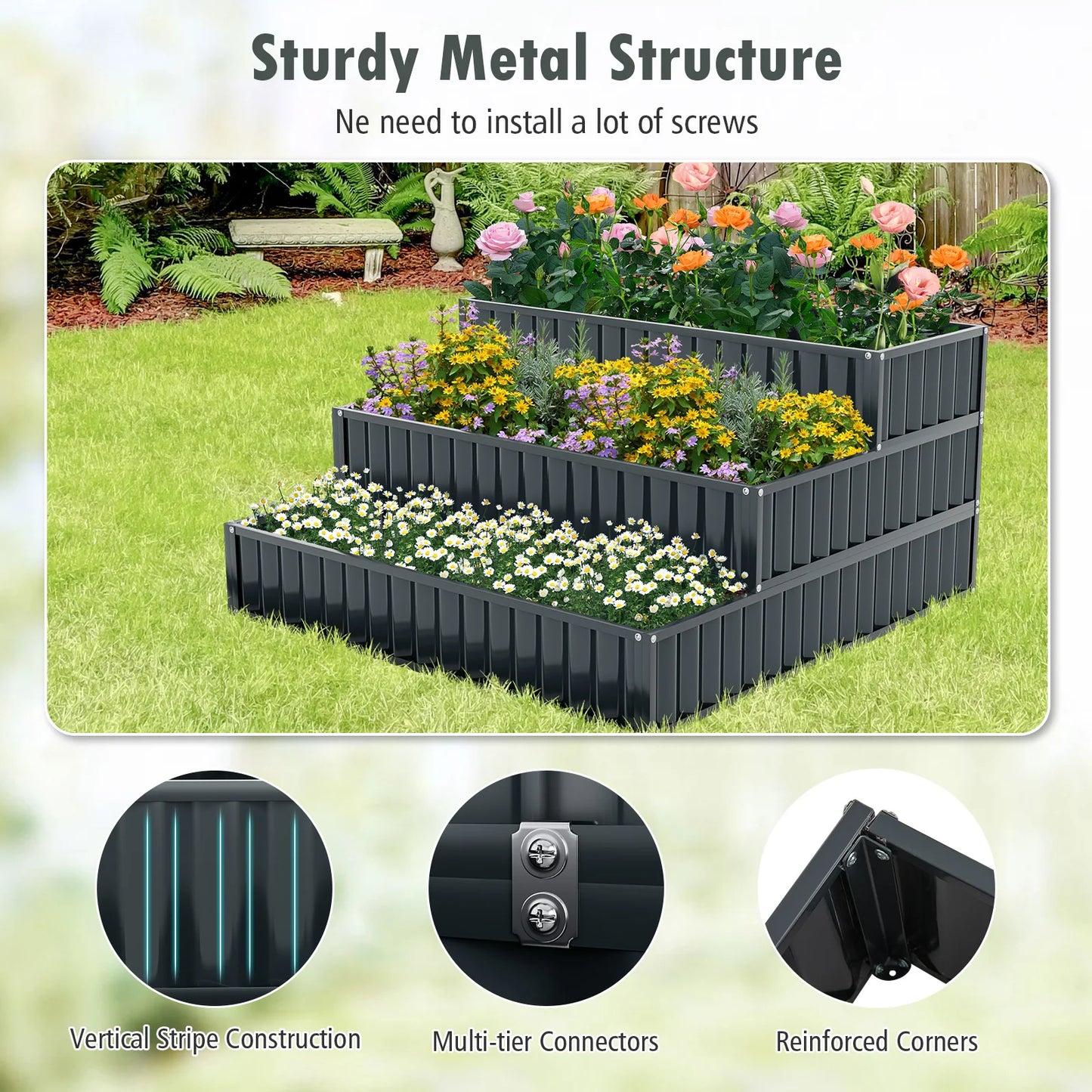 3-Tier Raised Garden Bed, 47 x 47 x 24 Metal Planter Box