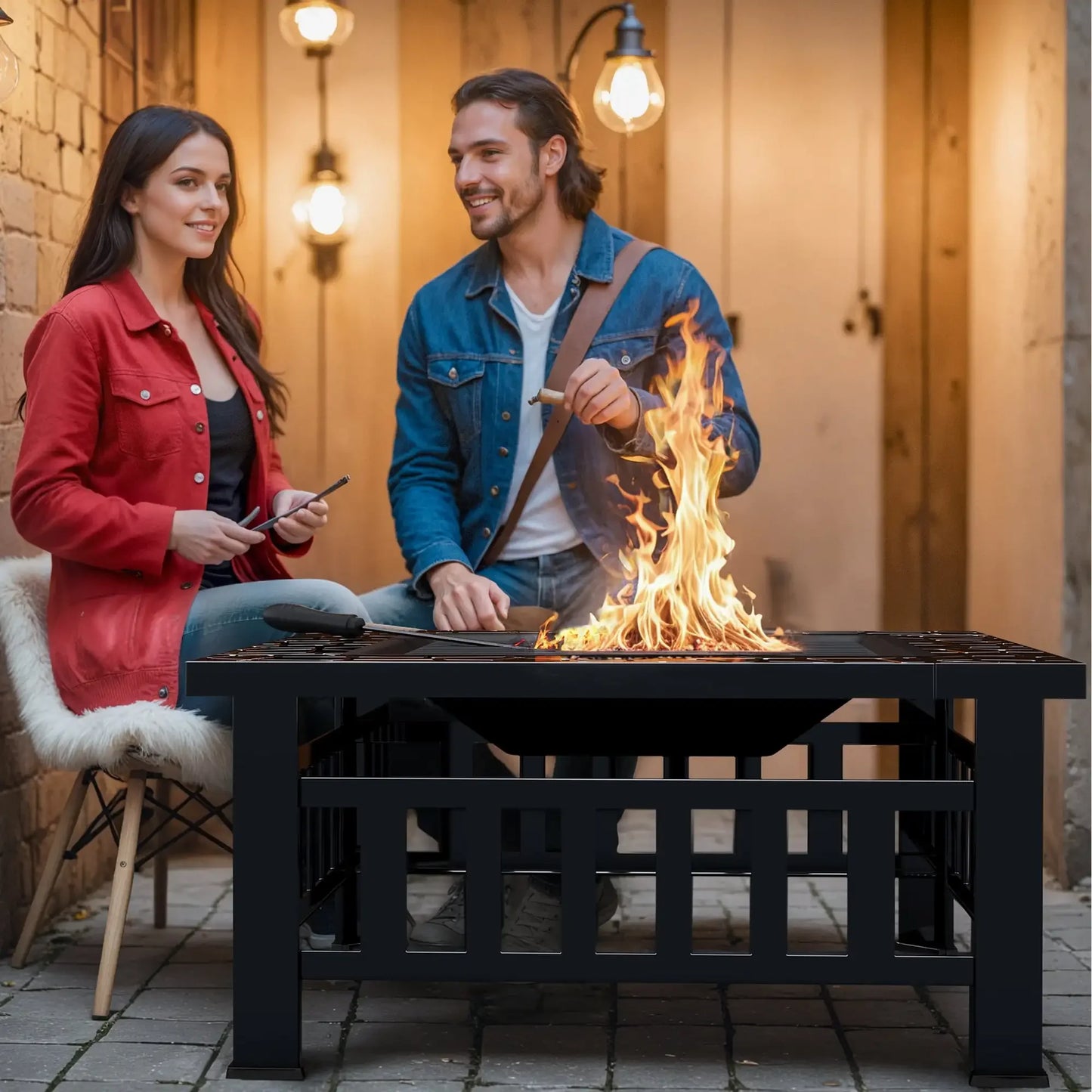 32 Inch Fire Pit Table with Ice Storage Mesh Lid Poker Cover Black