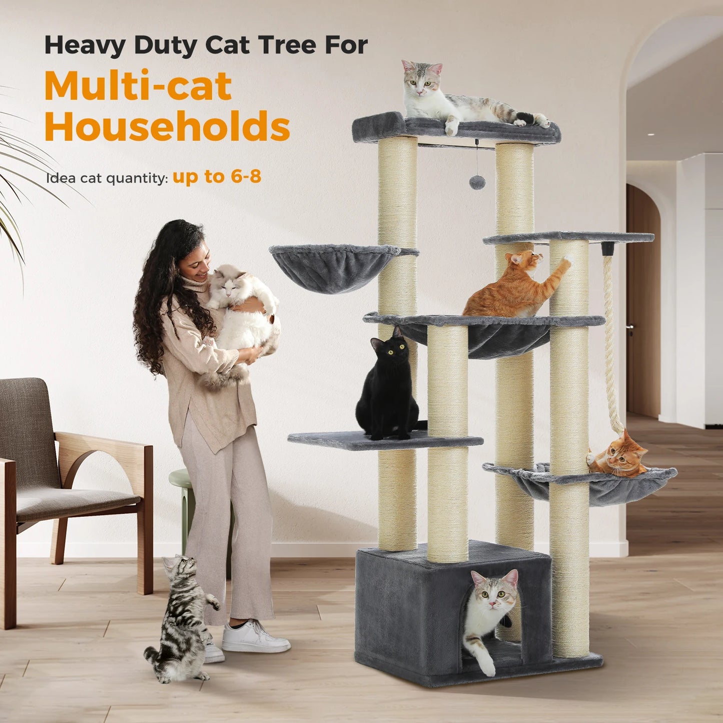Large Cat Tree for Indoor Cats Thick Scratching Posts Hammock MultiLevel Cat Condo