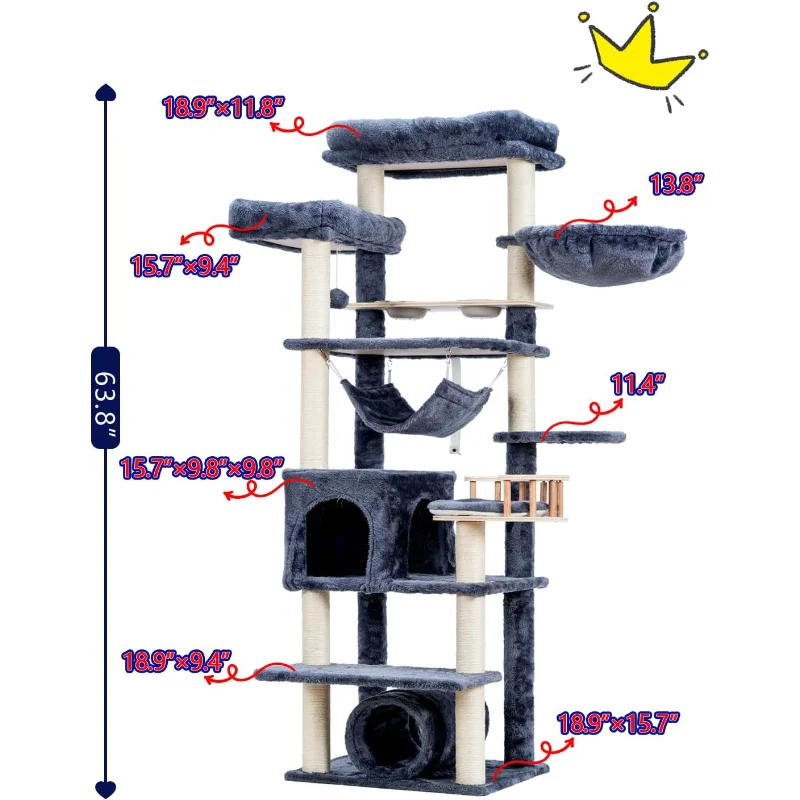 Cat Tree 64 Inch Condo for Large Adults with Food Station Scratching Post Tunnel Hammock