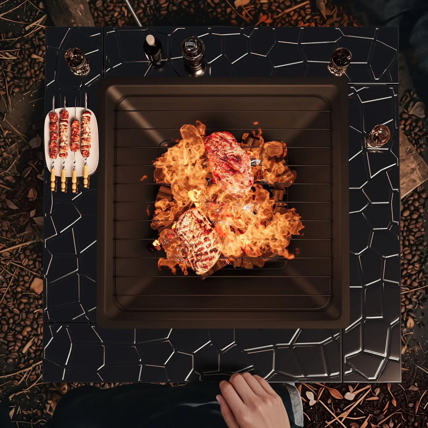 32 Inch Fire Pit Table with Ice Storage Mesh Lid Poker Cover Black