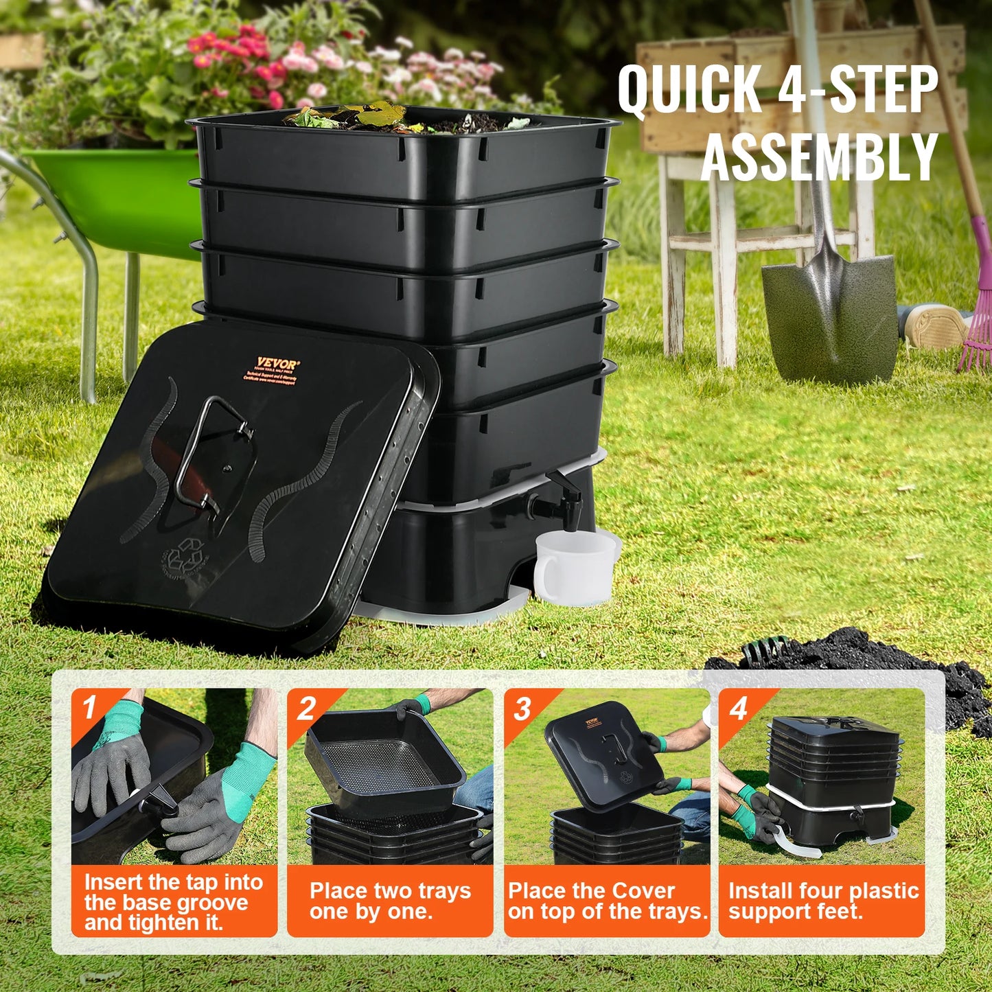 VEVOR 5-Tray Worm Composter Sustainable Design For Recycling Food Waste 5 PCS Black