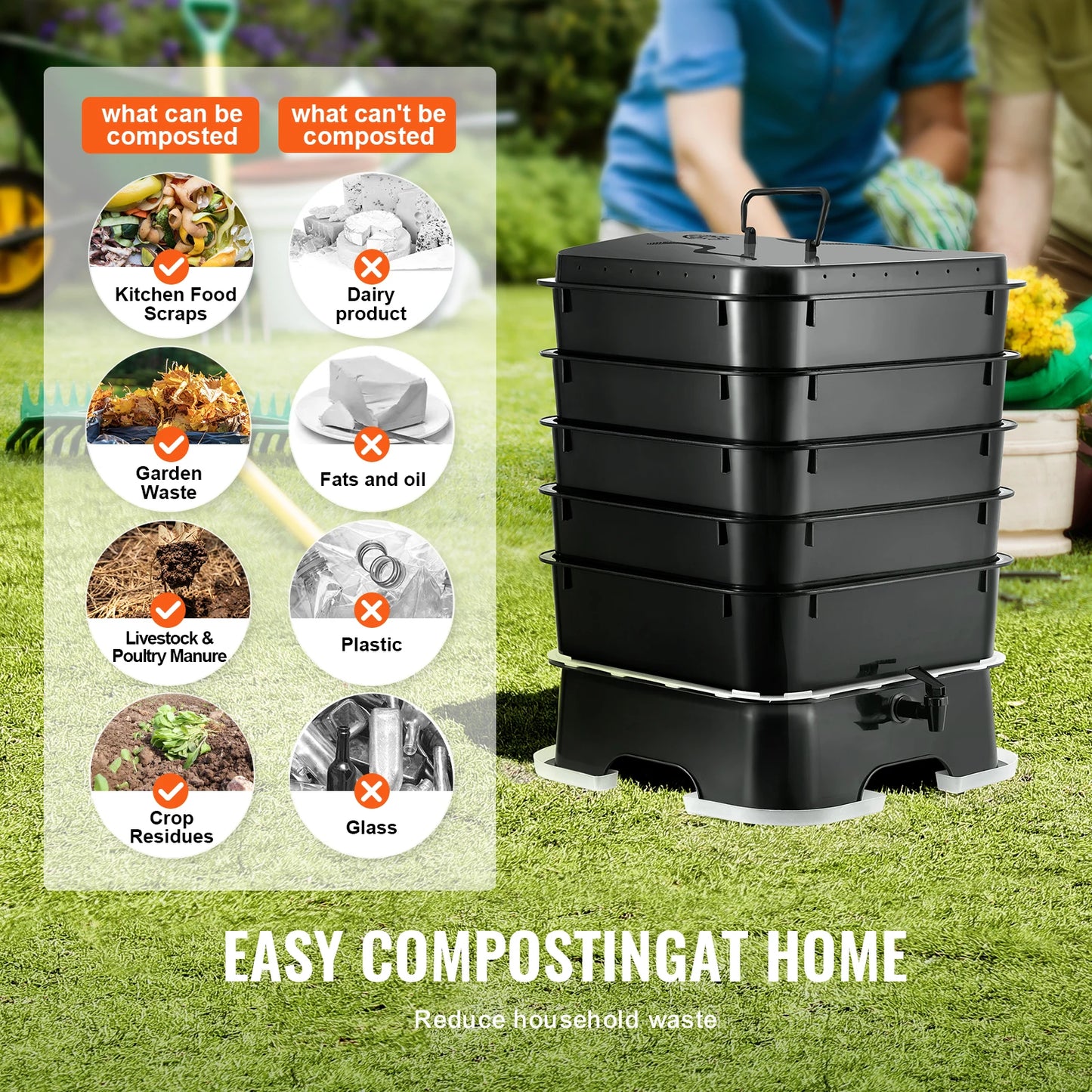 VEVOR 5-Tray Worm Composter Sustainable Design For Recycling Food Waste 5 PCS Black