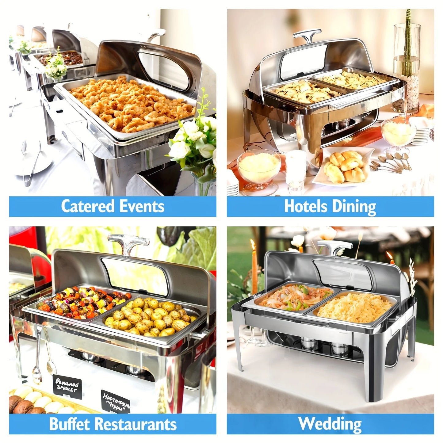 Stainless Steel Roll-Top Chafing Dish Set - 9Qt Cap