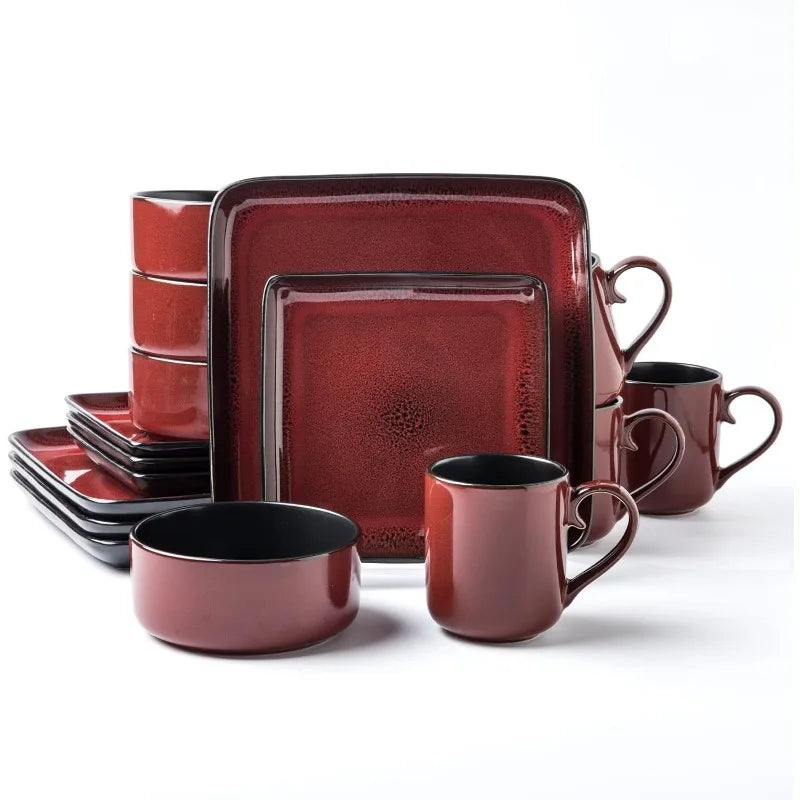 FLACKAR Square Stoneware 16pc Double Bowl Dinnerware Set