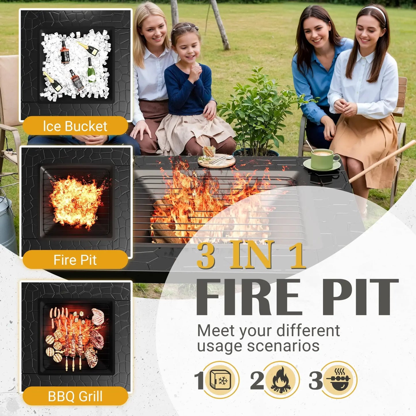 32 Inch Fire Pit Table with Ice Storage Mesh Lid Poker Cover Black
