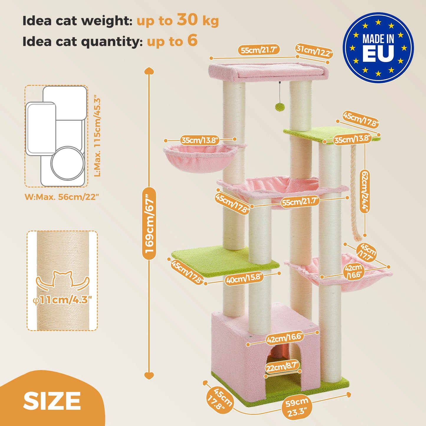 Large Cat Tree for Indoor Cats Thick Scratching Posts Hammock MultiLevel Cat Condo