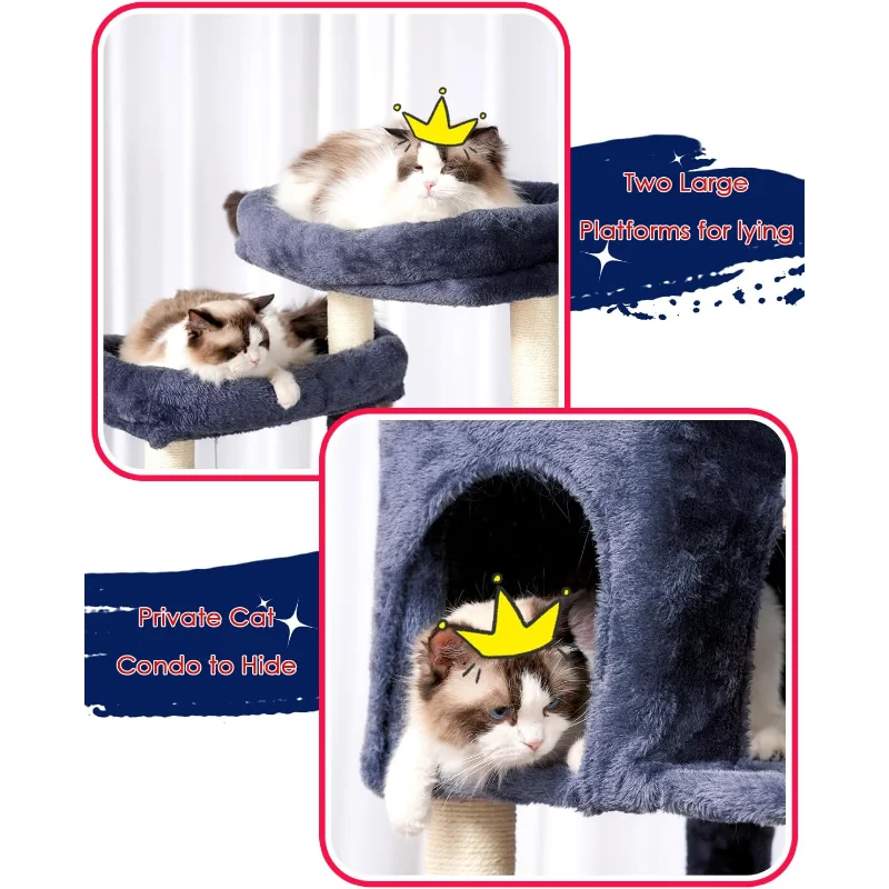 Cat Tree 64 Inch Condo for Large Adults with Food Station Scratching Post Tunnel Hammock