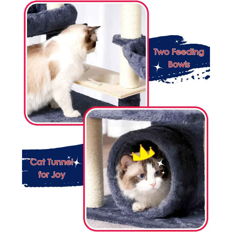 Cat Tree 64 Inch Condo for Large Adults with Food Station Scratching Post Tunnel Hammock