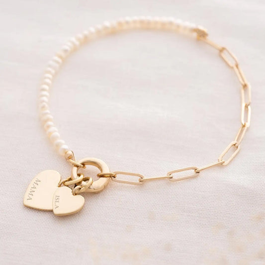 Custom Freshwater Pearl Bracelet Chain Carving Double Heart Personalized Bracelet