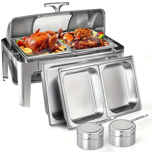 Stainless Steel Roll-Top Chafing Dish Set - 9Qt Cap