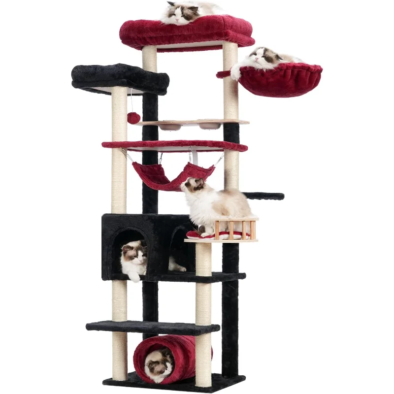 Cat Tree 64 Inch Condo for Large Adults with Food Station Scratching Post Tunnel Hammock