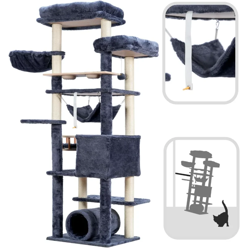 Cat Tree 64 Inch Condo for Large Adults with Food Station Scratching Post Tunnel Hammock