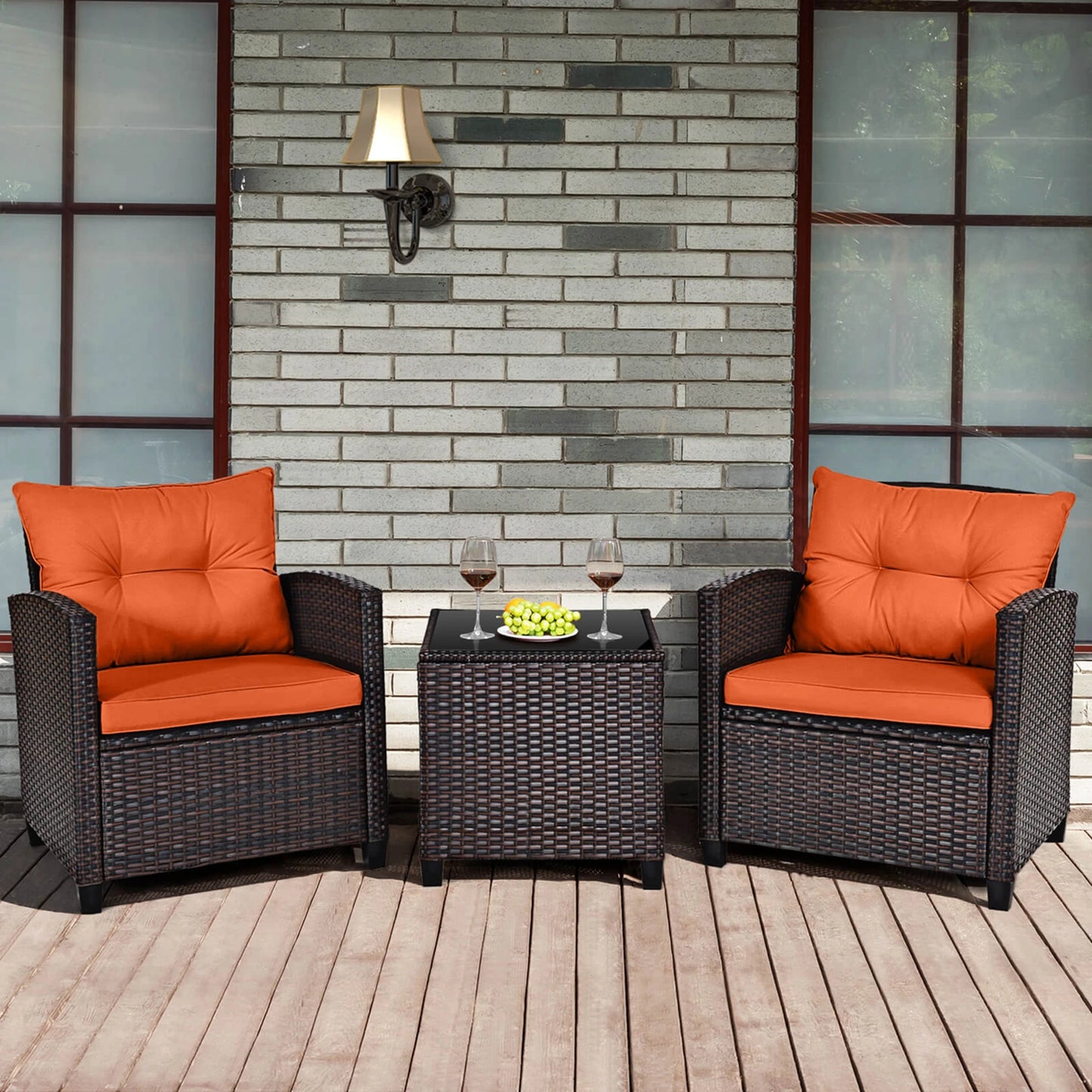 3 Pcs Patio Rattan Furniture Set Cushioned Conversation Sofa Orange