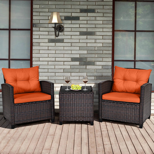 3 Pcs Patio Rattan Furniture Set Cushioned Conversation Sofa Orange