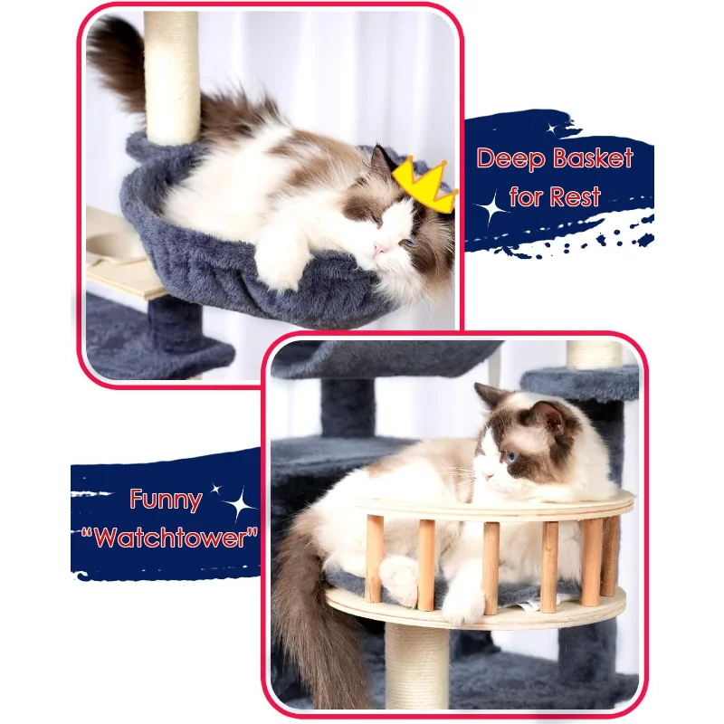 Cat Tree 64 Inch Condo for Large Adults with Food Station Scratching Post Tunnel Hammock
