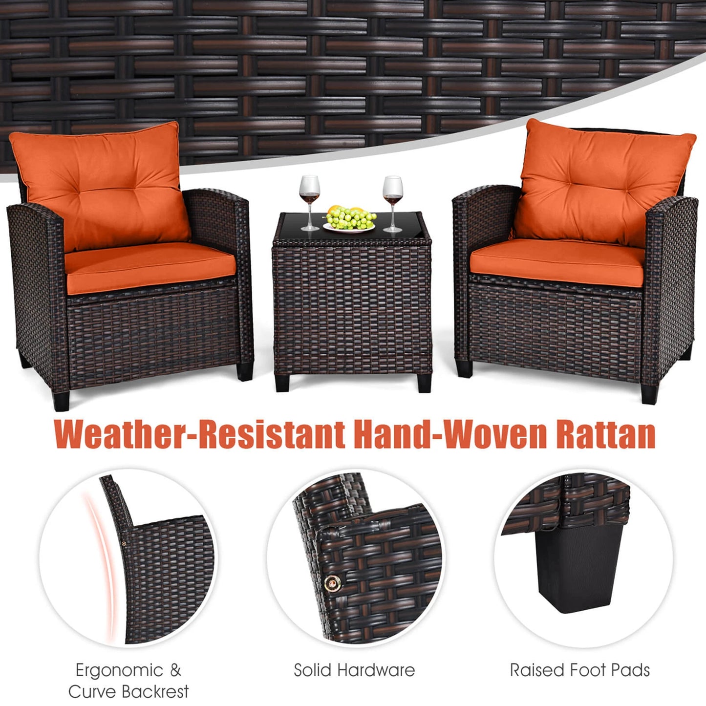 3 Pcs Patio Rattan Furniture Set Cushioned Conversation Sofa Orange