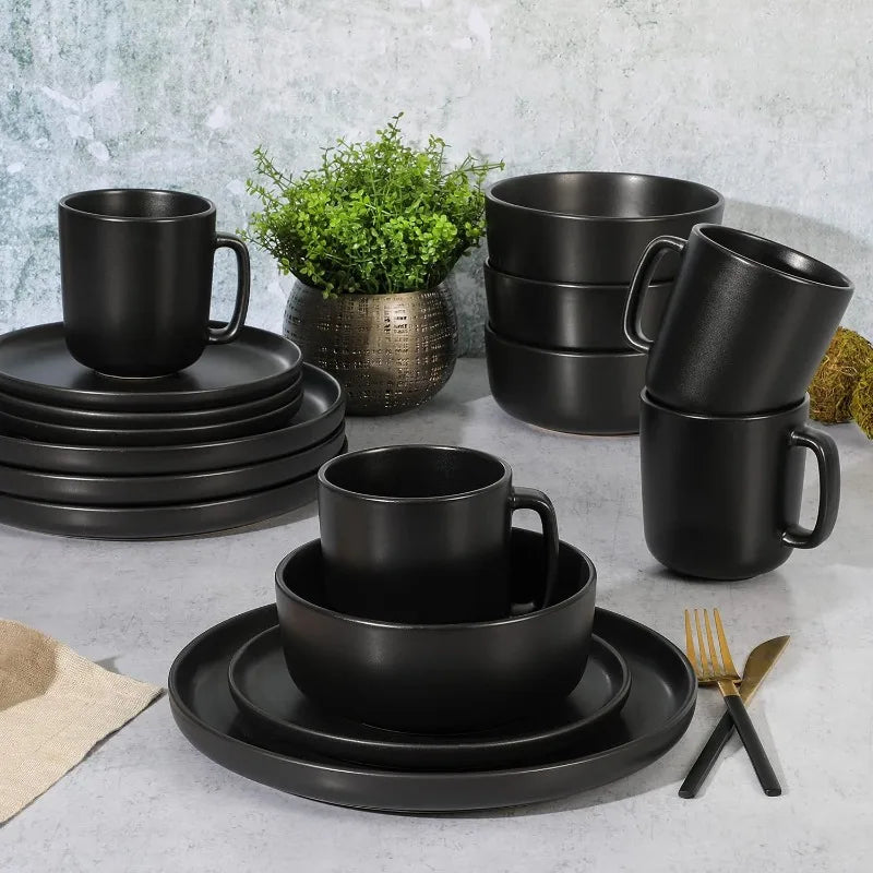 Zuma Stoneware Dinnerware Set - Matte Black for Four