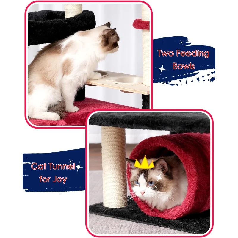 Cat Tree 64 Inch Condo for Large Adults with Food Station Scratching Post Tunnel Hammock