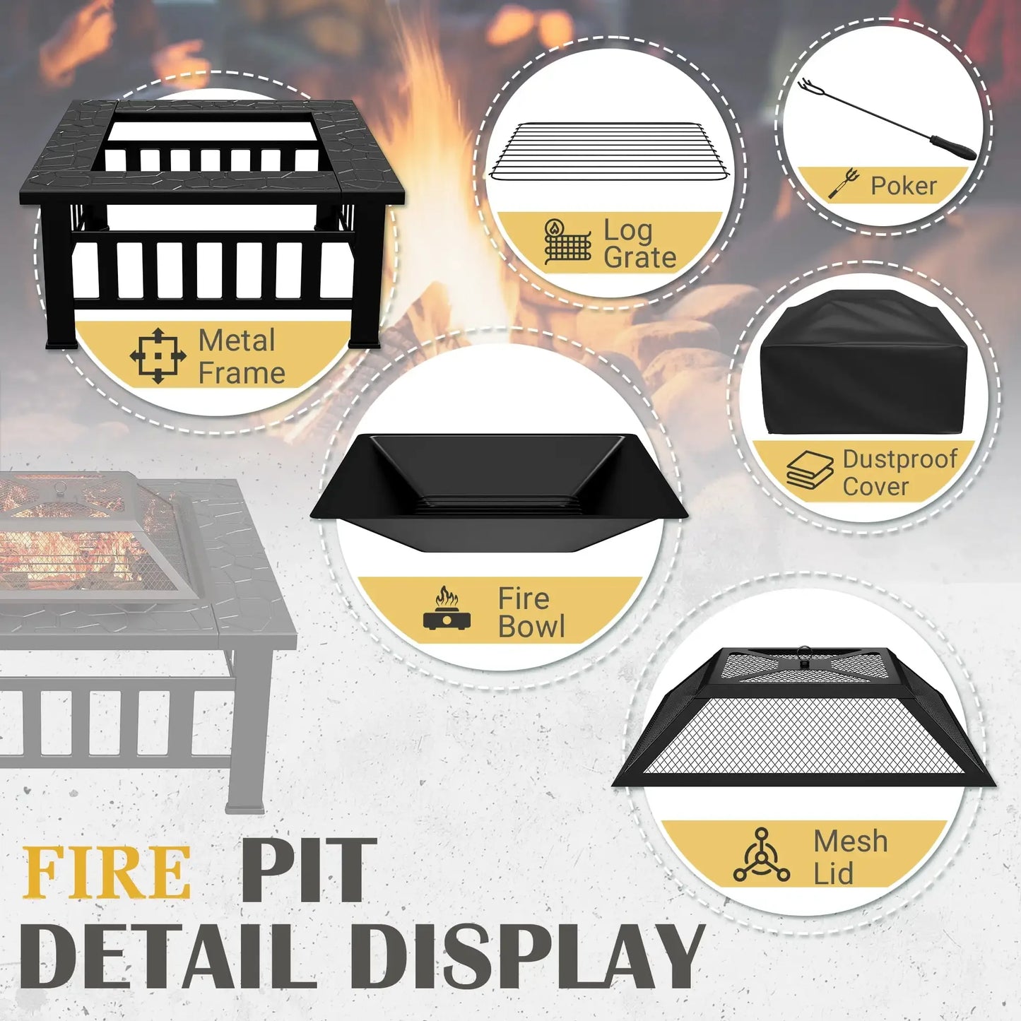 32 Inch Fire Pit Table with Ice Storage Mesh Lid Poker Cover Black