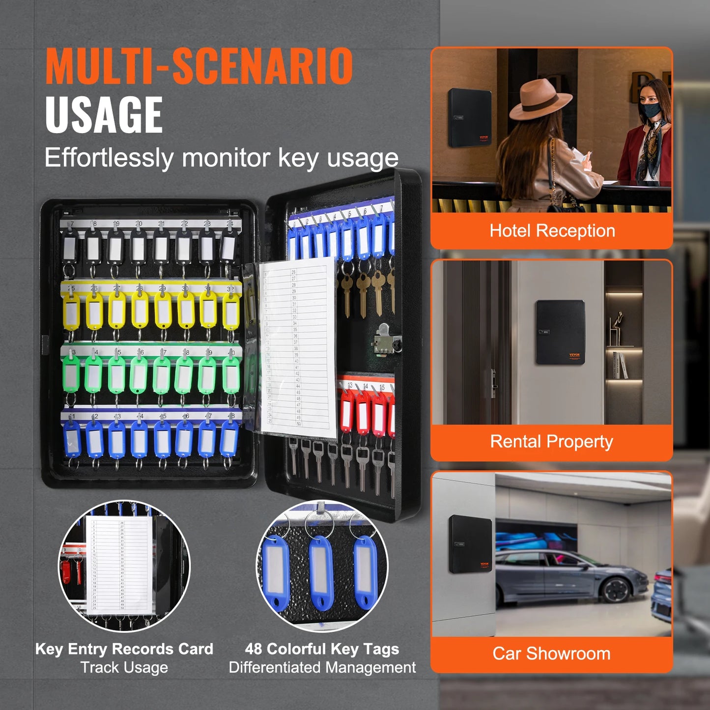 48-Key Cabinet Key Lock Box with Adjustable Racks Organizer