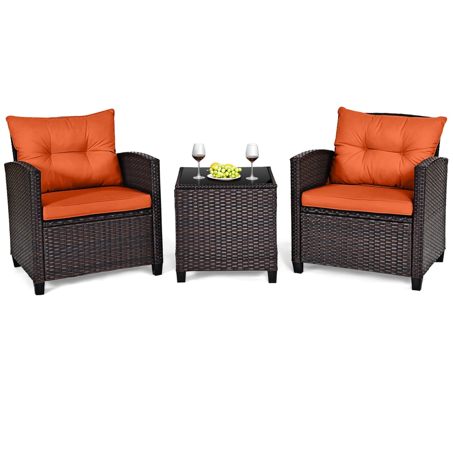 3 Pcs Patio Rattan Furniture Set Cushioned Conversation Sofa Orange