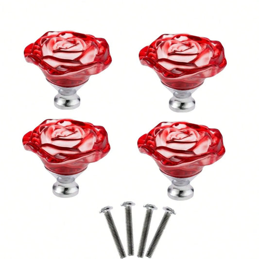 4 Pcs Red Glass Knobs Rose Shape Crystal Drawer Pulls 50mm