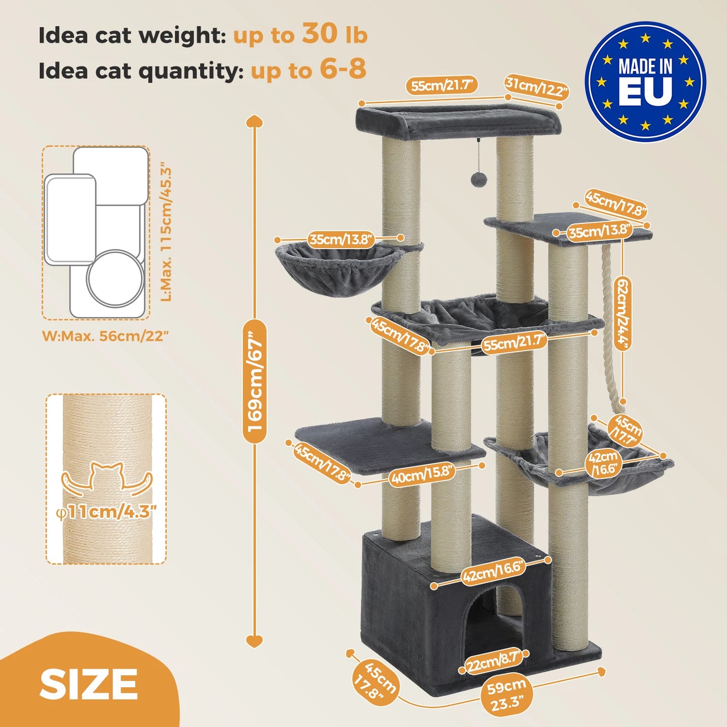 Large Cat Tree for Indoor Cats Thick Scratching Posts Hammock MultiLevel Cat Condo