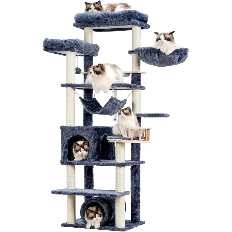Cat Tree 64 Inch Condo for Large Adults with Food Station Scratching Post Tunnel Hammock