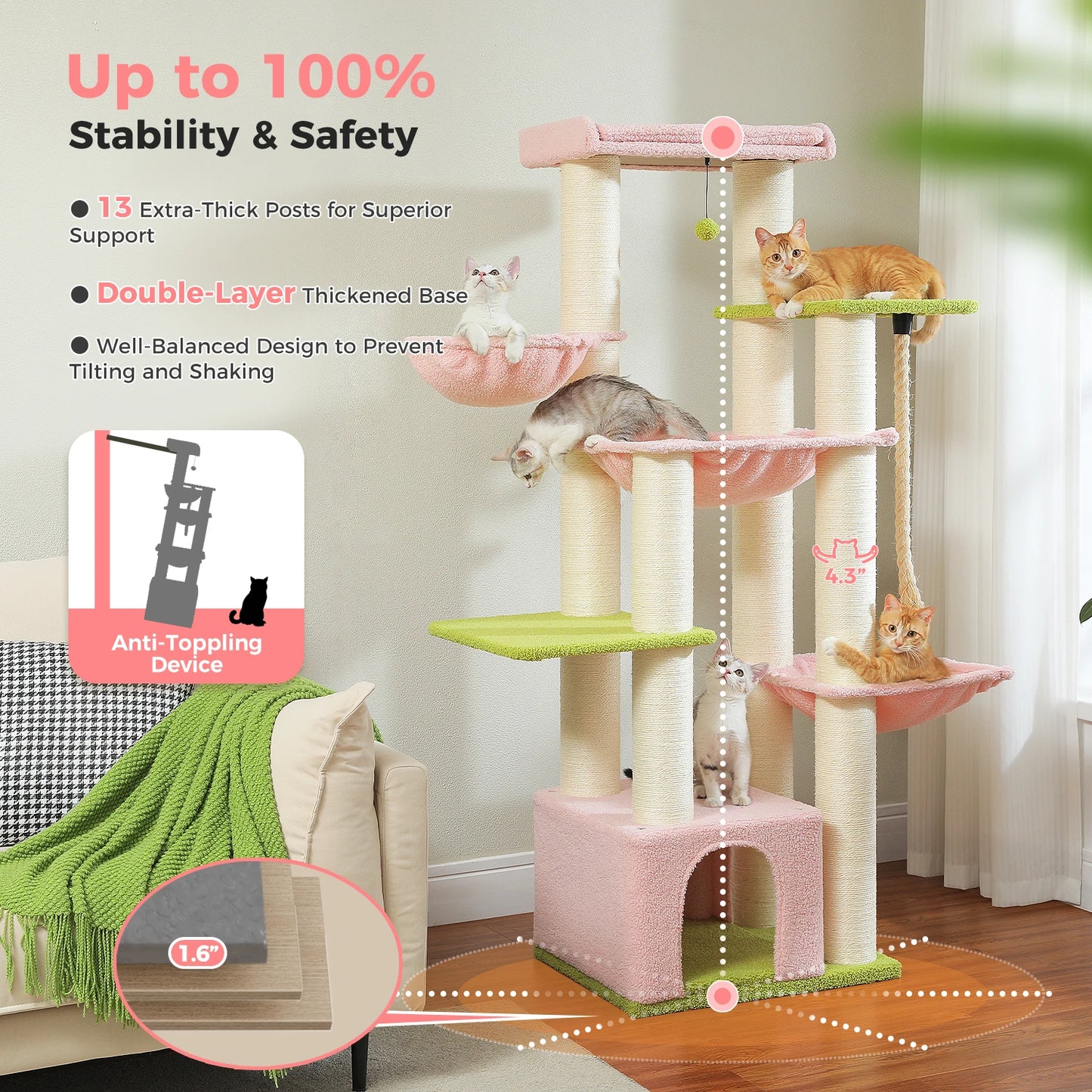 Large Cat Tree for Indoor Cats Thick Scratching Posts Hammock MultiLevel Cat Condo