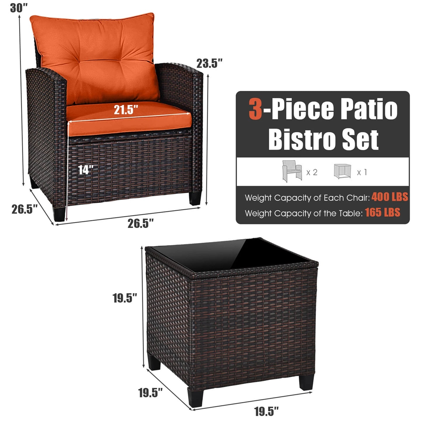 3 Pcs Patio Rattan Furniture Set Cushioned Conversation Sofa Orange