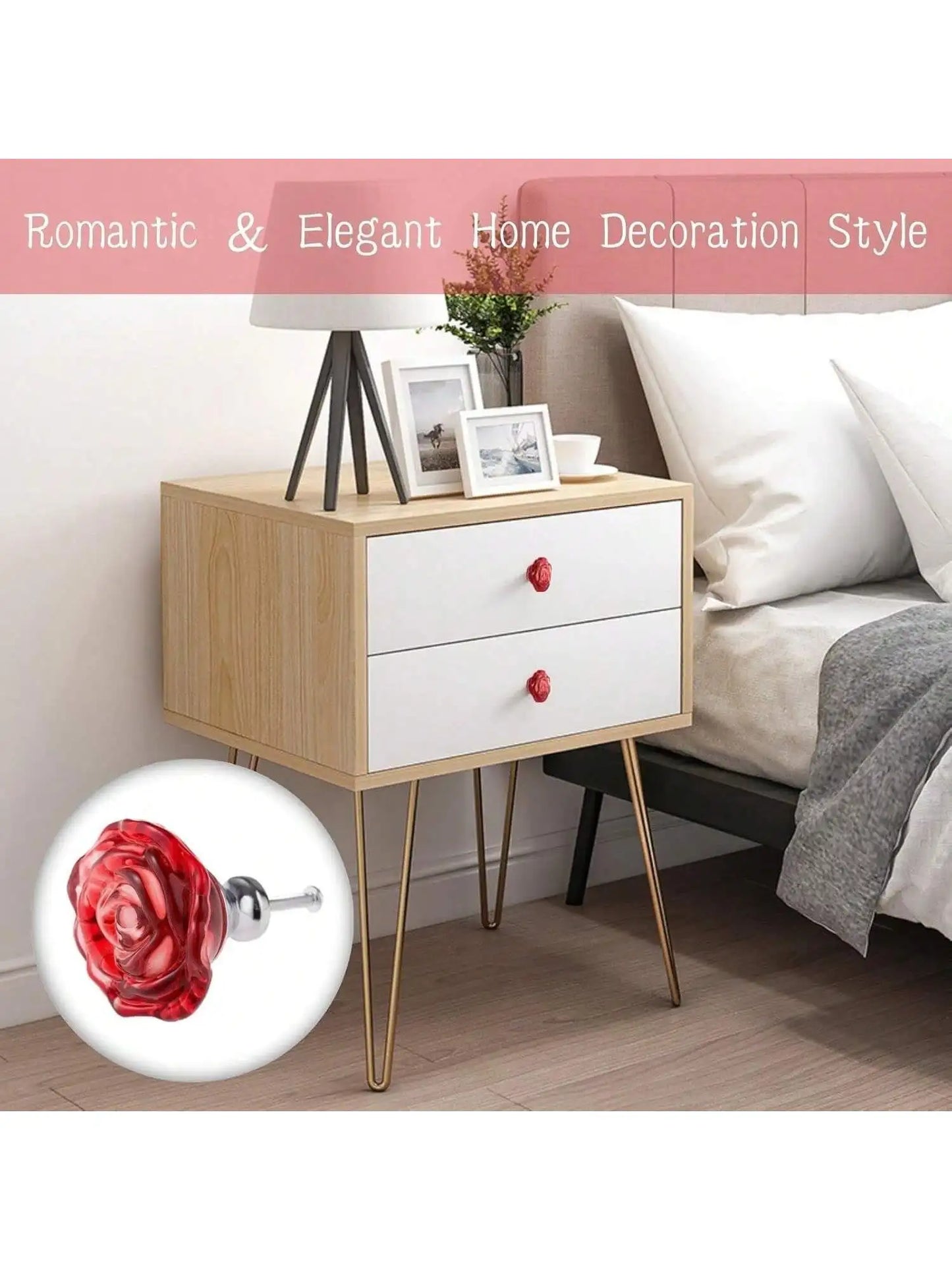 4 Pcs Red Glass Knobs Rose Shape Crystal Drawer Pulls 50mm
