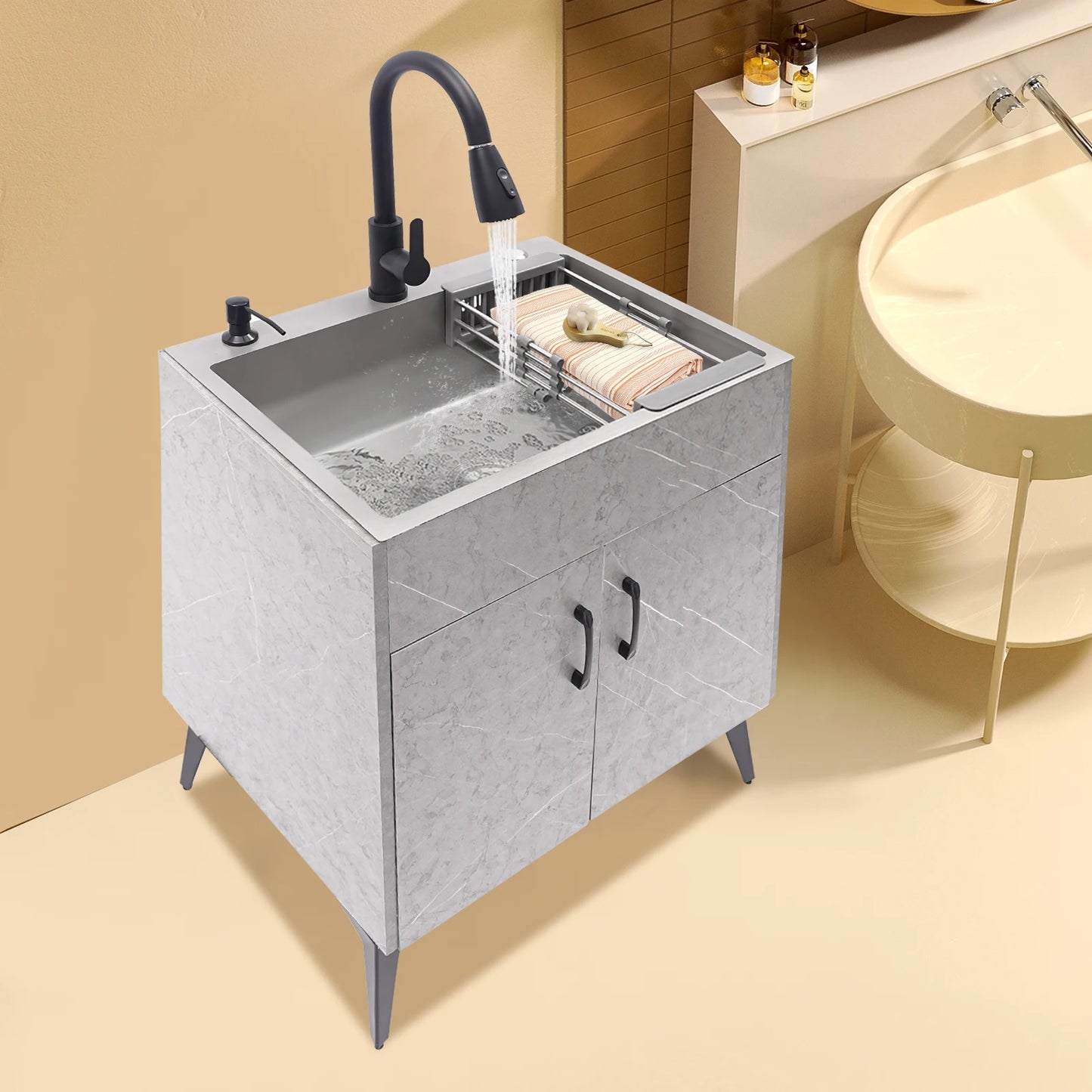 Stainless Steel Kitchen Sink with Cabinet and Faucet Portable Laundry Sink