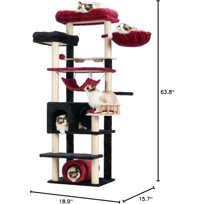 Cat Tree 64 Inch Condo for Large Adults with Food Station Scratching Post Tunnel Hammock