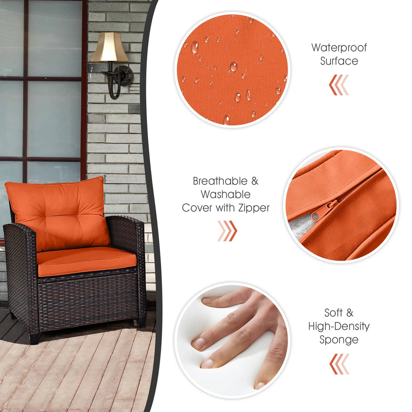 3 Pcs Patio Rattan Furniture Set Cushioned Conversation Sofa Orange