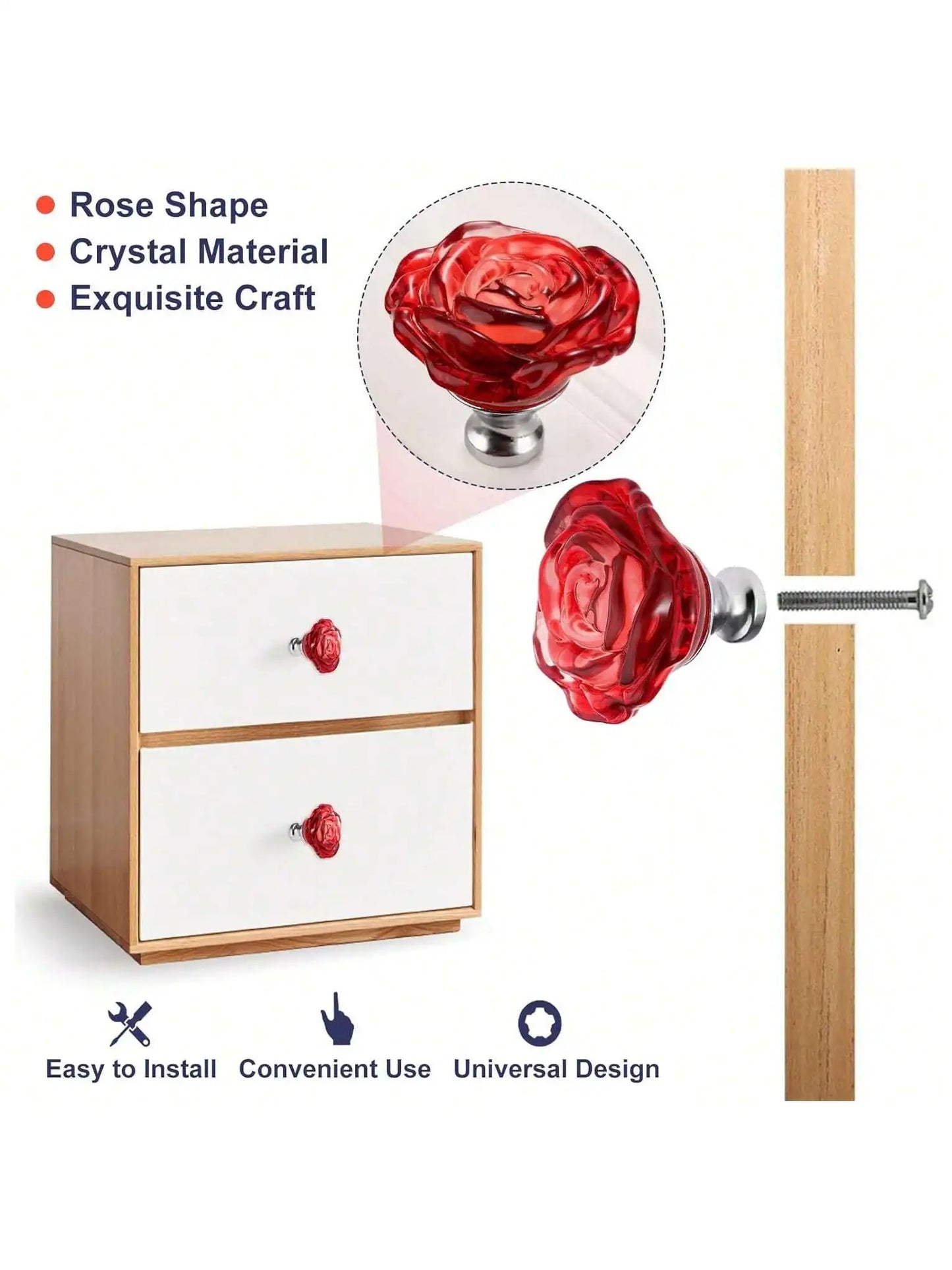 4 Pcs Red Glass Knobs Rose Shape Crystal Drawer Pulls 50mm